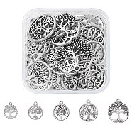 50Pcs 5 Styles Tibetan Style Alloy Pendants, Flat Round with Tree of Life, Antique Silver, 18~23.5x16~20x1.5~3mm, Hole: 1.8~2mm(TIBE-YW0001-35)