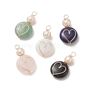 5Pcs 5 Styles Natural & Synthetic Mixed Stone Pendants, Flat Round with Heart Charms, with Natural Cultured Freshwater Pearl Beads and Eco-Friendly Copper Wire Wrapped, Mixed Dyed and Undyed, Real 18K Gold Plated, 29~30x16~17x7mm, Hole: 3.2mm(PALLOY-JF01951)