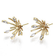 Brass Micro Pave Cubic Zirconia Stud Earring Findings, with 925 Sterling Silver Pins, for Half Drilled Bead, Nickel Free, Flower, Real 18K Gold Plated, Clear, 18.5x15mm, Pin: 0.7mm, Pin: 0.7mm(for half drilled beads)(KK-N233-045-NF)