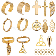 DIY Charm Finger Ring Making Kit, Including 304 Stainless Steel Loop Ring Bases & Jump Rings & Pendants, Sword & Cross & Cone & Tree & Trinity Knot, Golden, 36Pcs/box(DIY-SC0023-59)