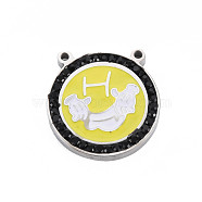 304 Stainless Steel Pendants, with Rhinestone and Enamel, Flat Round with Hand, Jet, 20x19.5x3mm, Hole: 1.4mm(STAS-N095-43C)