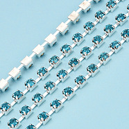 Silver Plated Brass Rhinestone Strass Chains, Rhinestone Cup Chains, Soldered, with Spool, Aquamarine, 3mm, about 32.81 Feet(10m)/Roll(CHC-N020-11A)