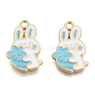 Eco-Friendly Zinc Alloy Pendants, with Enamel, Cadmium Free & Nickel Free & Lead Free, Rabbit with Carrot, Light Gold, Sky Blue, 21x13x2mm, Hole: 2mm(FIND-N048-58B-NR)