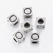 304 Stainless Steel Large Hole Letter European Beads, Cube with Letter.O, Antique Silver, 8x8x8mm, Hole: 5mm(STAS-H428-01AS-O)