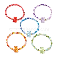 Glass Seed Bead & CCB Plastic  Kid Bracelets, with Acrylic Beads, Little Bear, Mixed Color, Inner Diameter: 2 inch(5cm)(BJEW-JB11204)