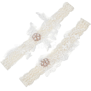 Lace Elastic Bridal Garters, with Rhinestone & Peal and Flower Pattern, Wedding Garment Accessories, Floral White, 3/4 inch(20mm)~3-1/8 inch(78mm), 2pcs/set(OCOR-WH0020-08)