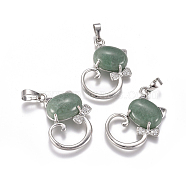 Natural Green Aventurine Kitten Pendants, with Platinum Tone Brass Findings and Crystal Rhinestone, Cat with Bowknot Shape, 32x25.5x7.5mm, Hole: 4.5x7mm(G-L512-R02)