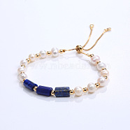 Natural Lapis Lazuli & Plastic Imitation Pearl Bead Slider Bracelets, Adjustable Brass Bead Bracelets for Women, (AT8786-3)