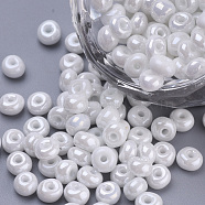 Baking Paint Glass Seed Beads, Round, White, 4~4.5x3mm, Hole: 1~1.2mm, about 4500pcs/bag, about 450g/bag(SEED-Q025-4mm-M01)