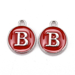 Platinum Plated Alloy Enamel Charms, Cadmium Free & Lead Free, Enamelled Sequins, Flat Round with Letter, Red, Letter.B, 14x12x2mm, Hole: 1.5mm(ENAM-S118-03B-P)