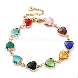 Colorful Glass Link Chain Bracelets, with Golden Brass Chains, Heart, 10 inch(25.5cm), 61mm extender(BJEW-B075-09)