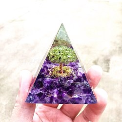 Orgonite Pyramid Resin Display Decorations, with Natural Peridot & Amethyst Chips Tree of Life Inside, for Home Office Desk, 60x60mm(PW23042551523)
