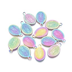 Ion Plating(IP) 304 Stainless Steel Charms, Laser Cut, Oval with Virgin Mary, Rainbow Color, 14.5x9x0.6mm, Hole: 1.4mm(STAS-L247-015M)