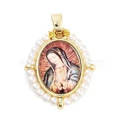 Rack Plating Brass Enamel Pendants, with Plastic Imitation Pearl, Long-Lasting Plated, Cadmium Free & Lead Free, Real 18K Gold Plated, Oval with Virgin Mary Charm, Indian Red, 28x22.5x6mm, Hole: 4.5x3.5mm(X-KK-C056-07G-09)