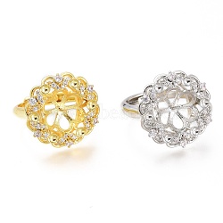 Adjustable Brass Finger Ring Components, with Micro Pave Cubic Zirconia, For Half Drilled Beads, Long-Lasting Plated, Flower, Clear, Mixed Color, US Size 8, Inner Diameter: 18.1mm, Tray: 10mm(ZIRC-I049-08)