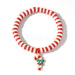 Elegant Christmas Handmade Polymer Clay Heishi Beaded Stretch Bracelets, Enamel Charm Bracelets for Women, Candy Cane, 6-7/8 inch(17.5cm)(MV9996-12)