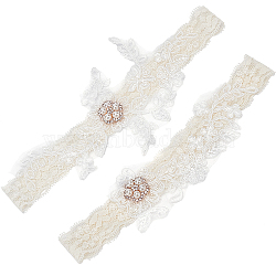 Lace Elastic Bridal Garters, with Rhinestone & Peal and Flower Pattern, Wedding Garment Accessories, Floral White, 3/4 inch(20mm)~3-1/8 inch(78mm), 2pcs/set(OCOR-WH0020-08)