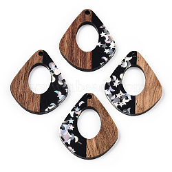 Opaque Resin & Walnut Wood Pendants, Kite Charms with Stars & Moon & Sun Paillettes, Waxed, Silver, 32.5x27.5x3.5mm, Hole: 2mm(RESI-N039-57C)