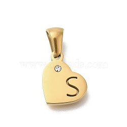 304 Stainless Steel Heart Pendants with Rhinestone, Golden, Letter S, 11x13x2.5mm, Hole: 5x3mm(STAS-Z103-01G-19)