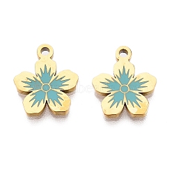 Ion Plating(IP) 316L Surgical Stainless Steel Charms, Nickel Free, with Enamel, Flower Charm, Real 18K Gold Plated, Dark Turquoise, 13x11x1.5mm, Hole: 1.4mm(STAS-H213-23G-01)