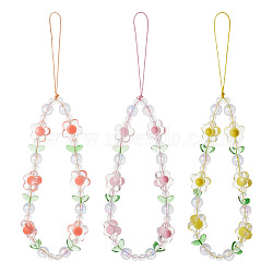 GOMAKERER 3Pcs 3 Colors Flower Plastic Beaded Mobile Phone Lanyard Wrist Strap, Cute Phone Charm Anti-Lost Strap for Women Girls, Mixed Color, 21.5cm, 1pc/color(FIND-GO0001-40)