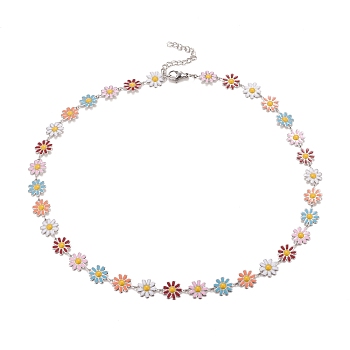 Enamel Daisy Link Chain Necklace, Vacuum Plating 304 Stainless Steel Jewelry for Women, Stainless Steel Color, Colorful, 16.3 inch(41.5cm)