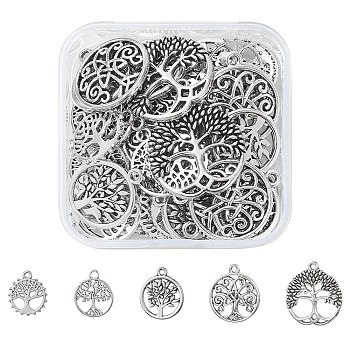 50Pcs 5 Styles Tibetan Style Alloy Pendants, Flat Round with Tree of Life, Antique Silver, 18~23.5x16~20x1.5~3mm, Hole: 1.8~2mm