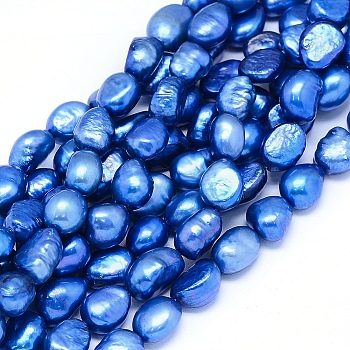 Dyed Natural Cultured Freshwater Pearl Beads Strands, Oval, Royal Blue, 10~15x6~10mm, Hole: 0.8mm, about 30~34pcs/strand, 14.1 inch(36cm)