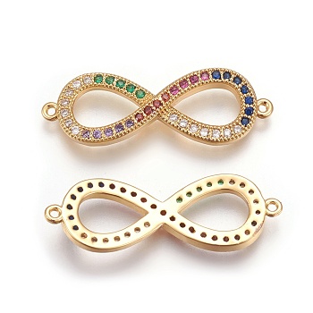Brass Micro Pave Cubic Zirconia Links, Infinity, Colorful, Golden, 29x10x2.5mm, Hole: 1.5mm