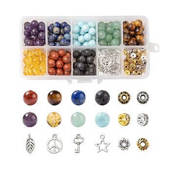 280Pcs 8 Styles 8mm Gemstone Beads Chakra Yoga Healing Stone Kits, with Alloy Star, Peace Sign, Key Charms, Spacer Beads, for DIY Gemstone Bracelets Making, Mixed Color
