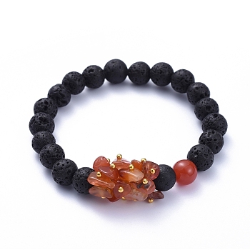 Natural Lava Rock Round Beads Stretch Bracelets, with Natural Carnelian(Dyed & Heated) Chips and Brass Beads, Golden, Inner Diameter: 2 inch(5cm)