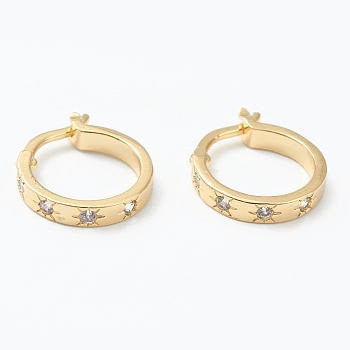 Brass Micro Pave Clear Cubic Zirconia Hoop Earrings, Ring with Star, Real 18K Gold Plated, 18x16x3mm, Pin: 1x0.8mm