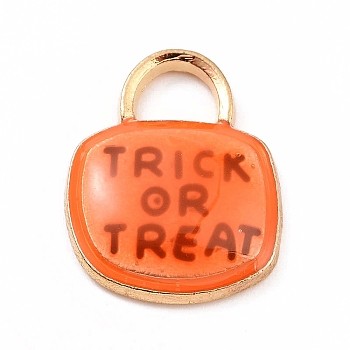 Alloy Enamel Pendants, Padlock with Word Trick or Treat Charm, for Halloween, Orange Red, 17x14.5x3mm, Hole: 3.5x5mm
