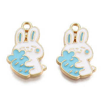 Eco-Friendly Zinc Alloy Pendants, with Enamel, Cadmium Free & Nickel Free & Lead Free, Rabbit with Carrot, Light Gold, Sky Blue, 21x13x2mm, Hole: 2mm