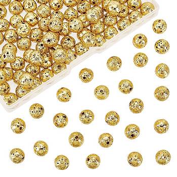 Electroplated Natural Lava Rock Beads Strands, Round, Bumpy, Golden Plated, 9mm, Hole: 1mm, about 141pcs/box