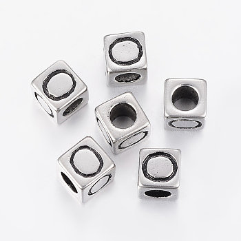 304 Stainless Steel Large Hole Letter European Beads, Cube with Letter.O, Antique Silver, 8x8x8mm, Hole: 5mm