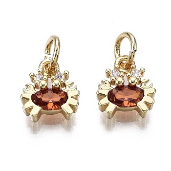 Brass Micro Pave Chocolate Cubic Zirconia Charms, with Jump Rings, Cadmium Free & Nickel Free & Lead Free, Crab, Real 16K Gold Plated, 9x8x3.5mm, Jump Ring: 5x1mm, 3mm inner diameter