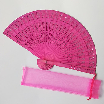 Wooden Folding Fan, Vintage Wooden Fan, with Organza Bag, for Party Wedding Dancing Decoration, Camellia, 200mm, Open Diameter: 330mm