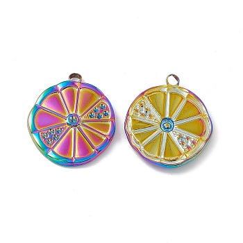 Ion Plating(IP) 304 Stainless Steel Pendant Rhinestone Settings, Flat Round with Orange Pattern, Rainbow Color, Fit for 1.5mm and 1.2mm Rhinestone, 24x20x3mm, Hole: 2mm
