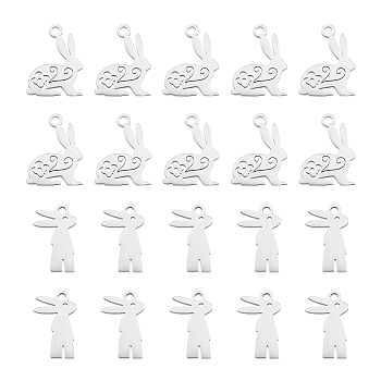 Unicraftale 20Pcs 2 Style 201 Stainless Steel Bunny Pendants, Laser Cut, Rabbit, Stainless Steel Color, 16x12x1mm, Hole: 1.5mm, 10pcs/style