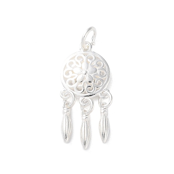 925 Sterling Silver Pendants, Woven Web/Net with Feather Charms with Jump Rings, Silver Color, Flower, 26x11x2.8mm, Hole: 3.6mm