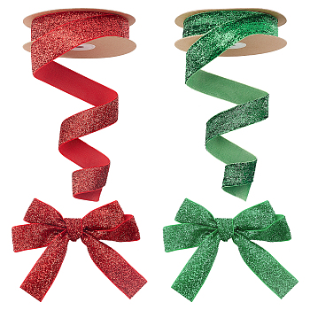 2Roll 2 Color Chinlon Ribbon, with Glitter, Performance Decoration, Flat, Mixed Color, 1-1/8 inch(27mm), about 10.94 Yards(10m)/Set