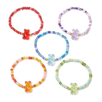 Glass Seed Bead & CCB Plastic  Kid Bracelets, with Acrylic Beads, Little Bear, Mixed Color, Inner Diameter: 2 inch(5cm)