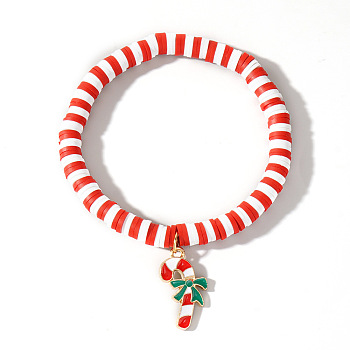 Elegant Christmas Handmade Polymer Clay Heishi Beaded Stretch Bracelets, Enamel Charm Bracelets for Women, Candy Cane, 6-7/8 inch(17.5cm)