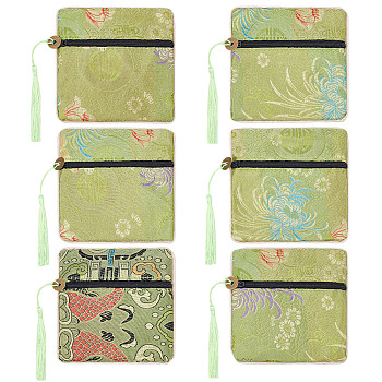 6Pcs Chinese Style Silk Cloth Embroidery Jewelry Packing Zipper Bags with Tassel, for Rings Earrings Bracelets Storage, Square, Olive, 11.5x11.5x0.3cm