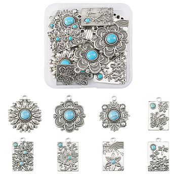 16Pcs 8 Styles Synthetic Turquoise Pendants, Rectangle & Flower Charm, with Rack Plating Antique Silver Tone Alloy Findings, Mixed Shapes, 30~34x19~30x3~7mm, Hole: 2.5~3mm, 2pcs/style