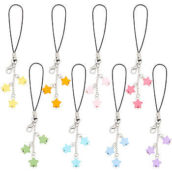 Acrylic Star Mobile Straps, Brass Lobster Clasps and Nylon Cord Mobile Accessories Decoration, Mixed Color, 10~12cm, 8pcs/set