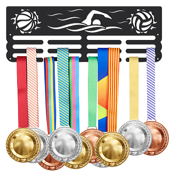 Sports Theme Iron Medal Hanger Holder Display Wall Rack, with Screws, Swimming & Volleyball, Basketball Pattern, 150x400mm
