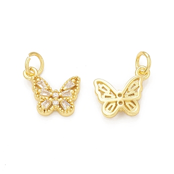 Rack Plating Brass Cubic Zirconia Charms, with Jump Ring, Cadmium Free & Lead Free, Long-Lasting Plated, Real 18K Gold Plated, Butterfly Charm, Clear, 11x12.5x2.5mm, Hole: 3mm