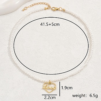 Fashionable Zinc Alloy Heart Pendant Necklaces, Imitation Pearl Beaded Necklaces for Women, Golden, White, 16.34 inch(41.5cm)